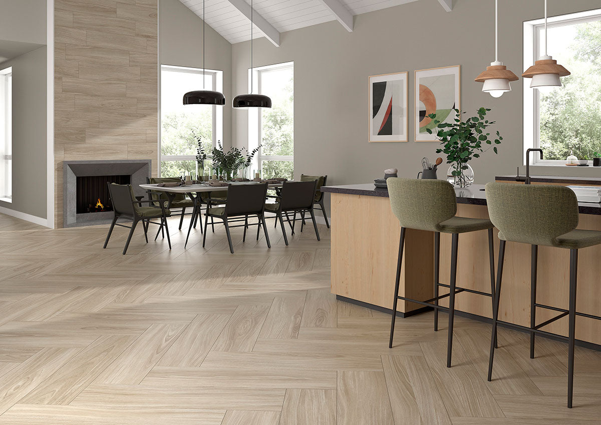 Braxton Wood-Look Porcelain Tile — installed room view — color Saddle