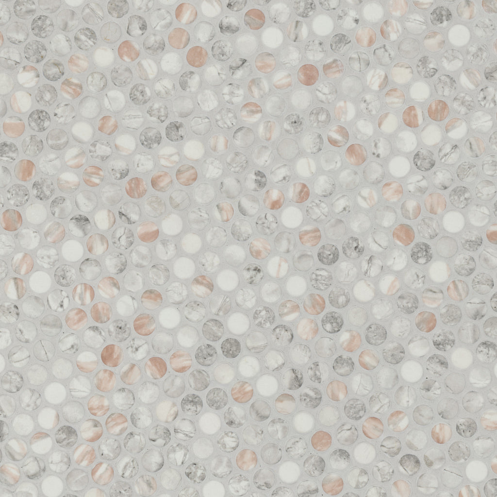 Briar Rosa Penny Round Recycled Glass Mosaic — isometric scale view — color Rosa