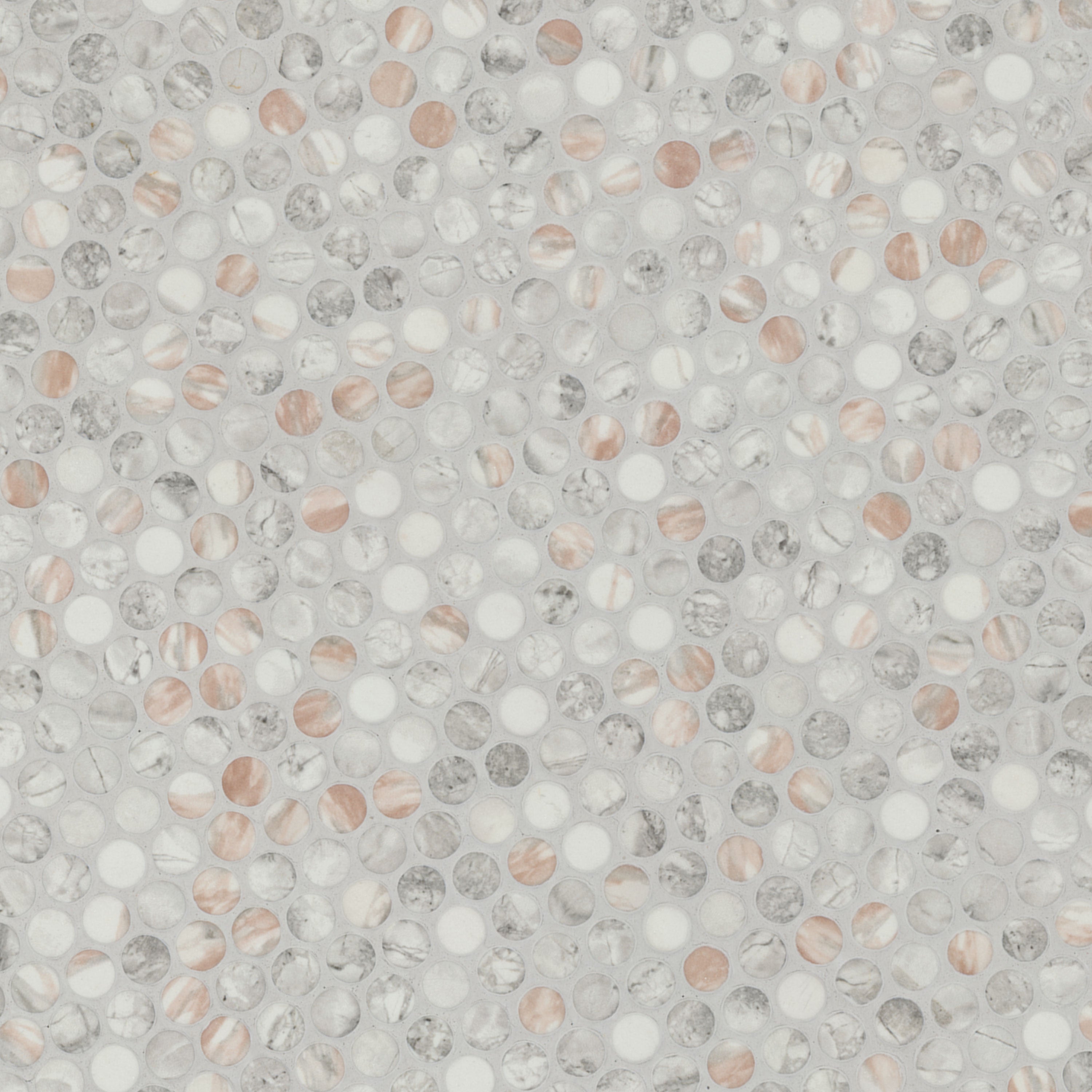 Briar Rosa Penny Round Recycled Glass Mosaic — isometric scale view — color Rosa