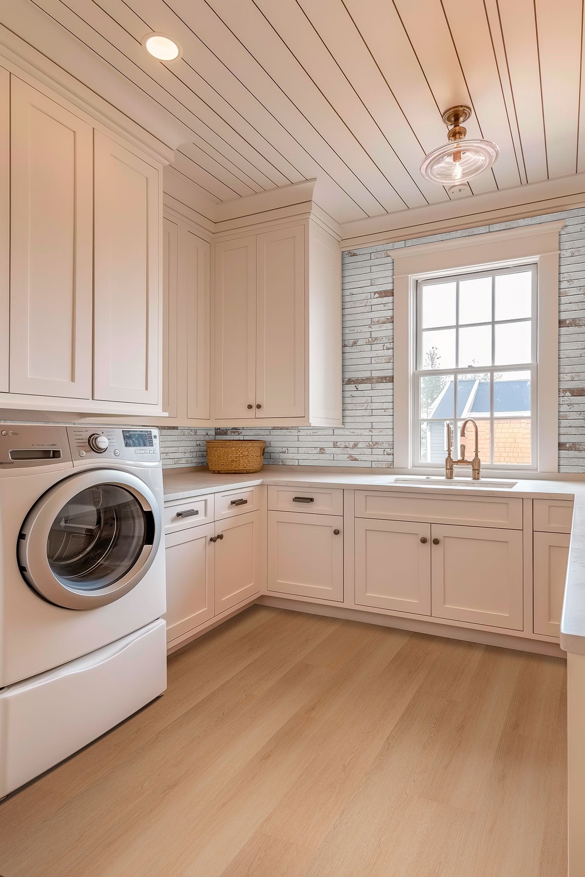 Brickstone Porcelain Brick Tile — installed room view — color Rustique White