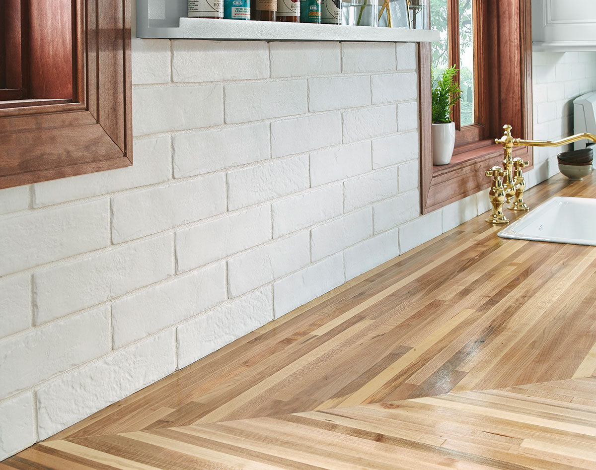 Brickstone Porcelain Brick Tile — installed room view — color White
