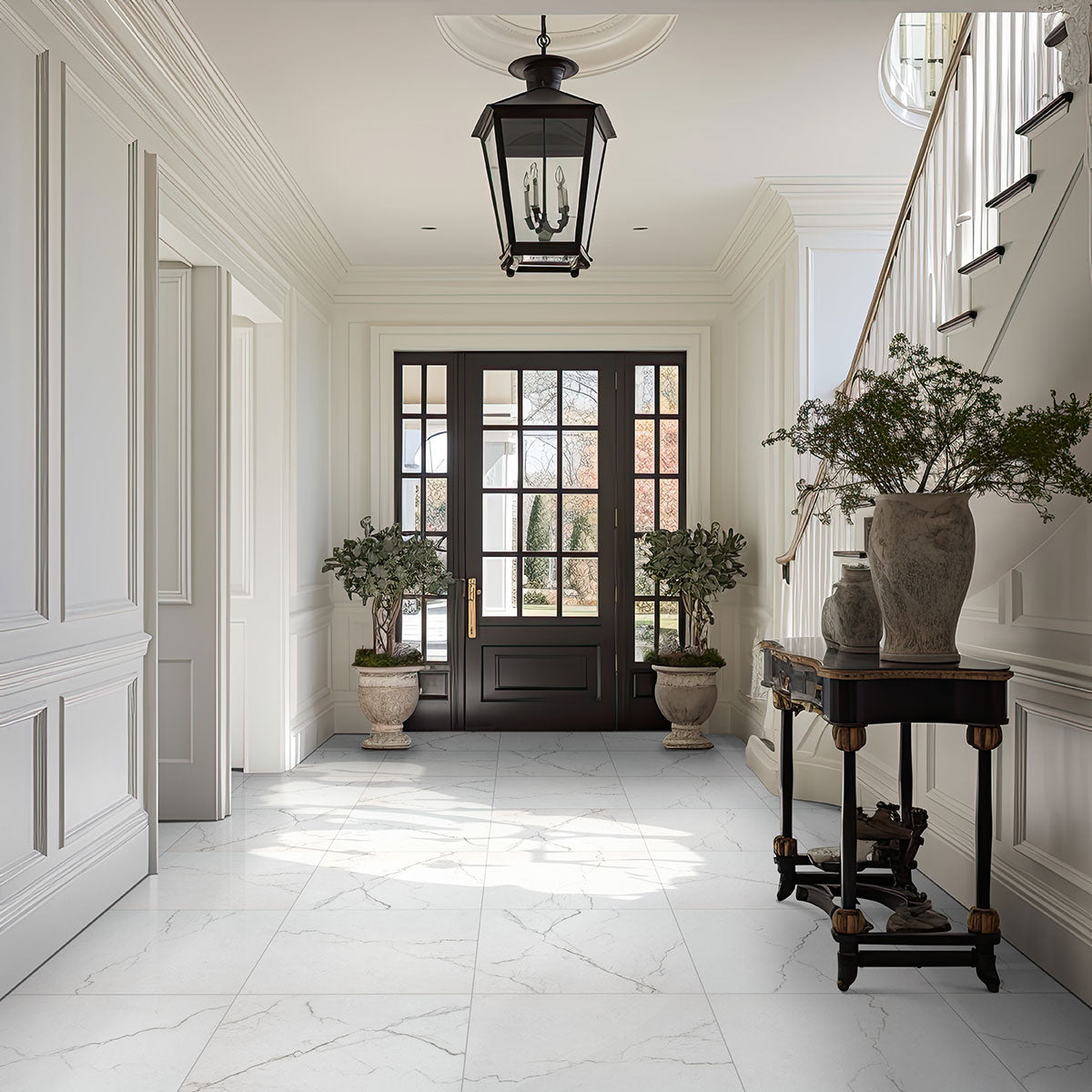 Brighton Marble-Look Porcelain Tile — installed room view — color Gray, size 12x24