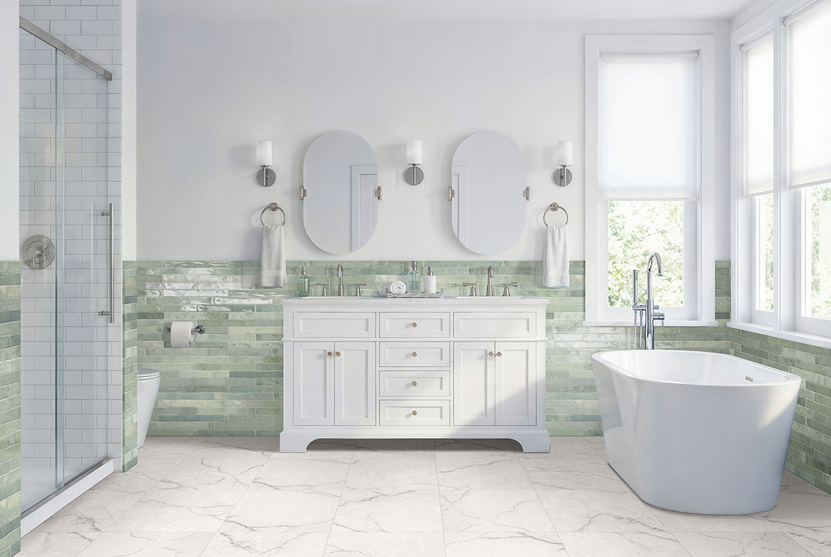 Brighton Marble-Look Porcelain Tile — installed room view — color Gray