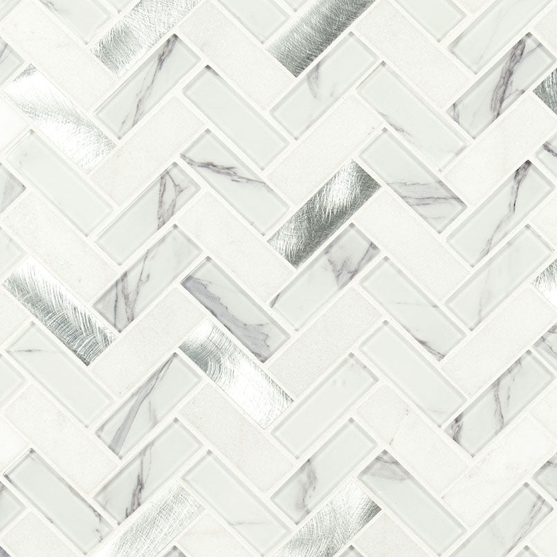 Bytle Bianco Herringbone Stone Glass Metal Mosaic — clean product view — color Bianco