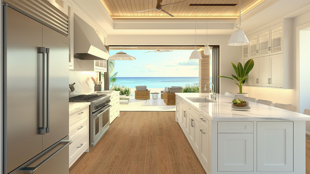 Cabana Wood-Look Porcelain Tile — installed room view — color Tawny