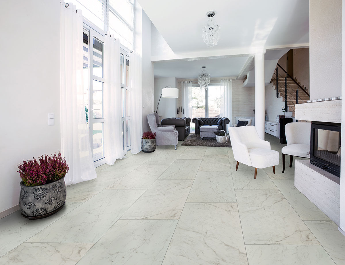 Kaya 3x24 Porcelain Bullnose — installed room view — color Carrara Bianco