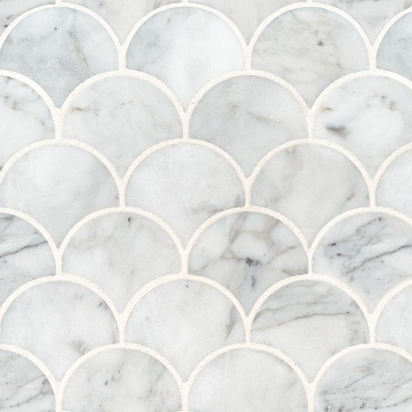 Calacatta Blanco Scallop Polished Marble Mosaic — clean product view — color White-cool with subtle gray veining