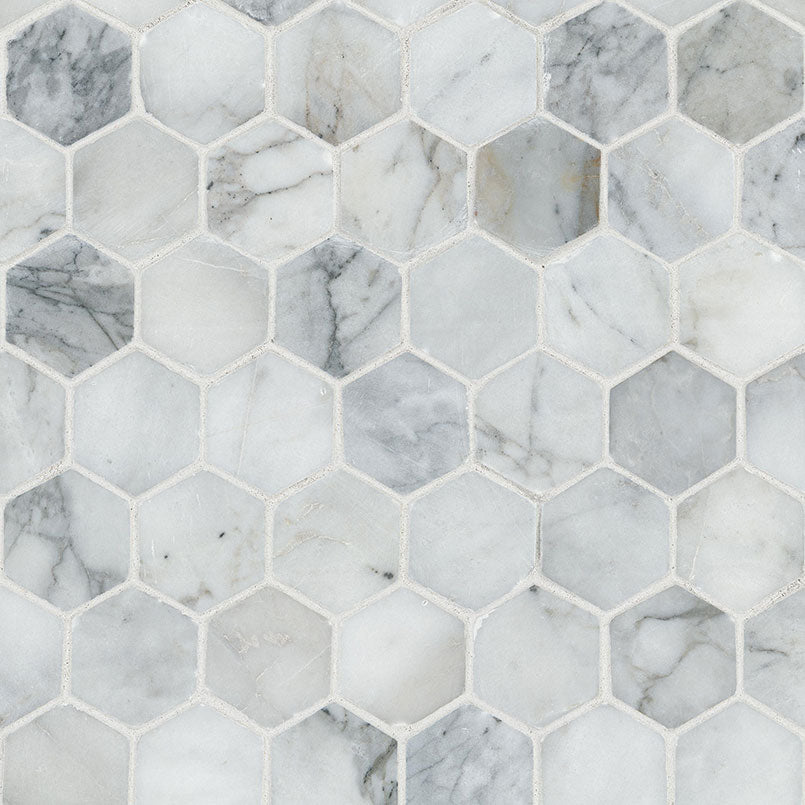 Calacatta Cressa 2-inch Hexagon Honed Marble Mosaic — clean product view — color White-cool with delicate gray veining