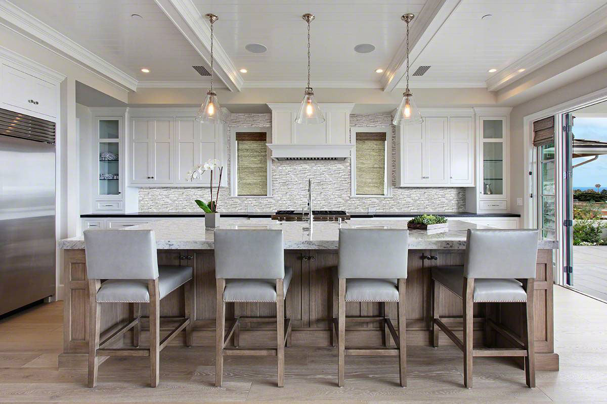 Rockmount 3D Natural-Stone Stacked Stone Panel — installed room view — color Calacatta Cressa Panel