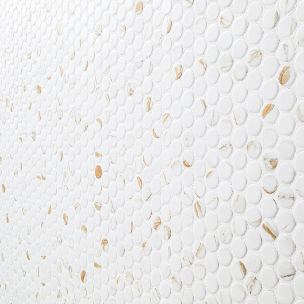 Calacatta Gold Matte Round Porcelain Mosaic — isometric scale view