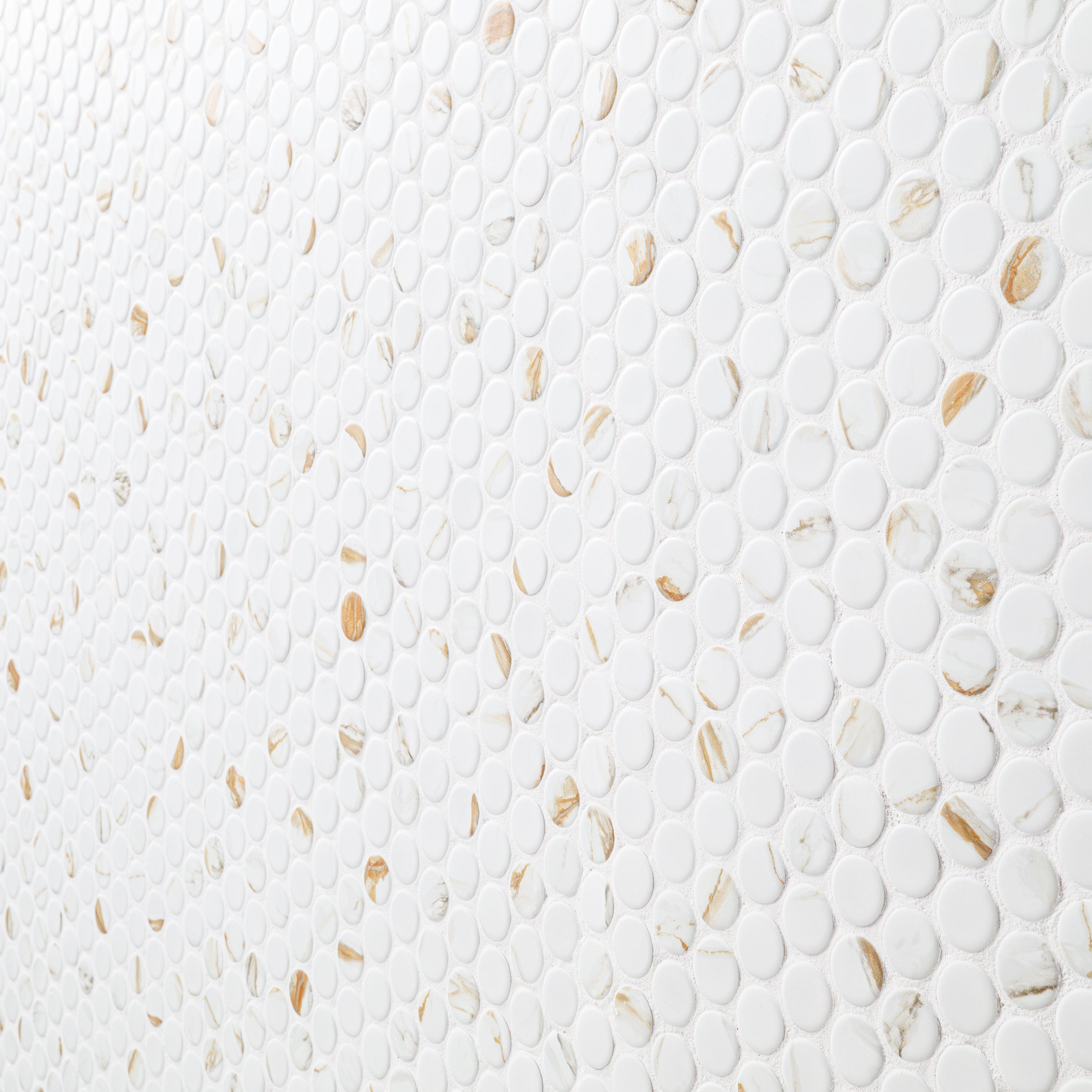 Calacatta Gold Matte Round Porcelain Mosaic — isometric scale view