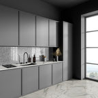 Regallo 3x24 Matte and Polished Porcelain Bullnose — installed room view — color Calacatta Isla