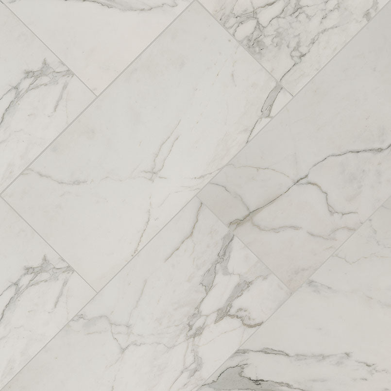 Regallo 3x24 Matte and Polished Porcelain Bullnose — isometric scale view — color Calacatta Isla