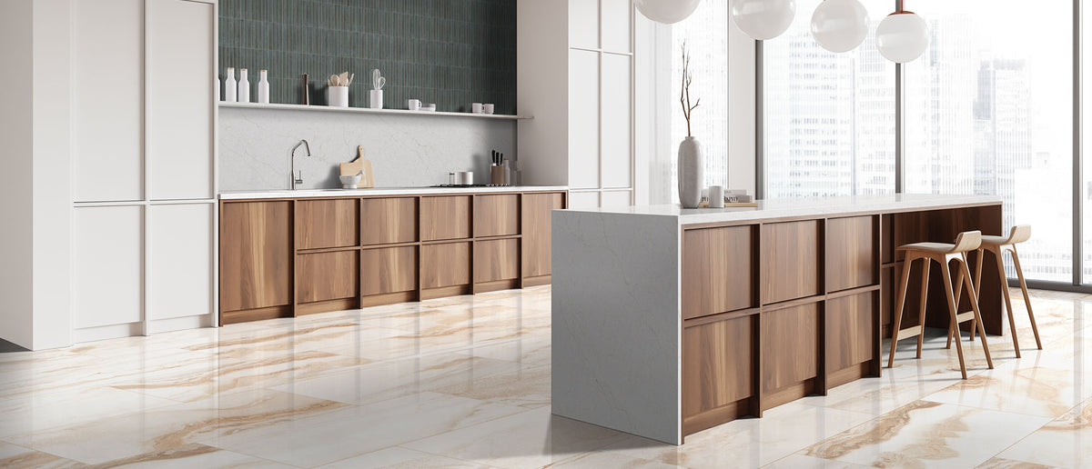 Calacatta Karmelo countertop room inspiration; installation shown is illustrative