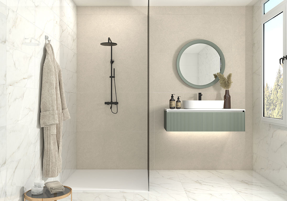 Kaya 3x24 Porcelain Bullnose — installed room view — color Calacatta Lucca
