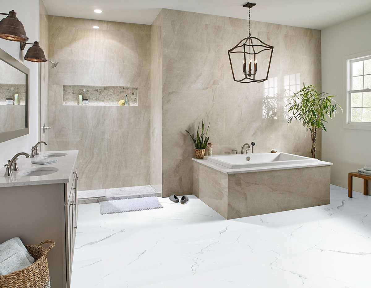 XL Trecento 18x36 Stone-Look Rigid-Core Luxury Vinyl Tile — installed room view — color Calacatta Serra