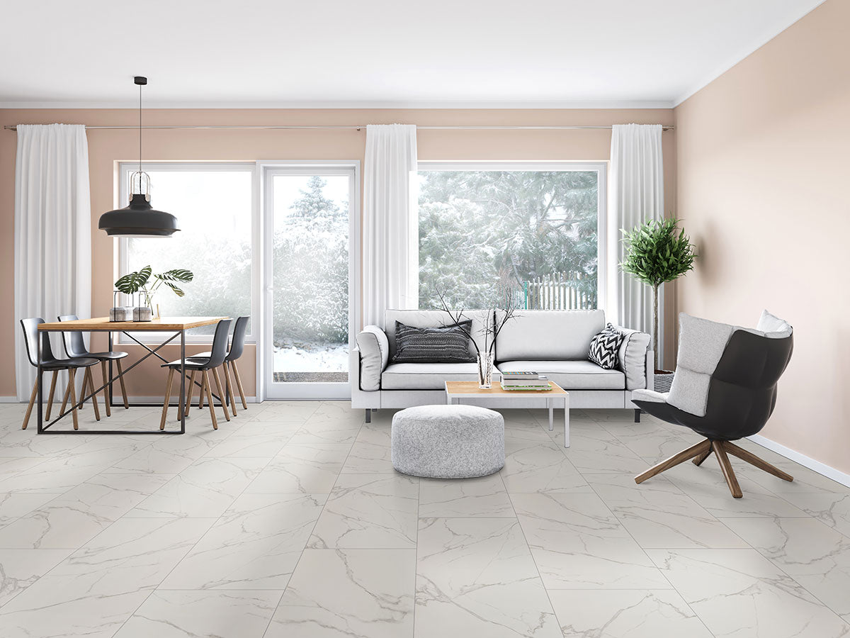 Kaya 3x24 Porcelain Bullnose — installed room view — color Calacatta Venato