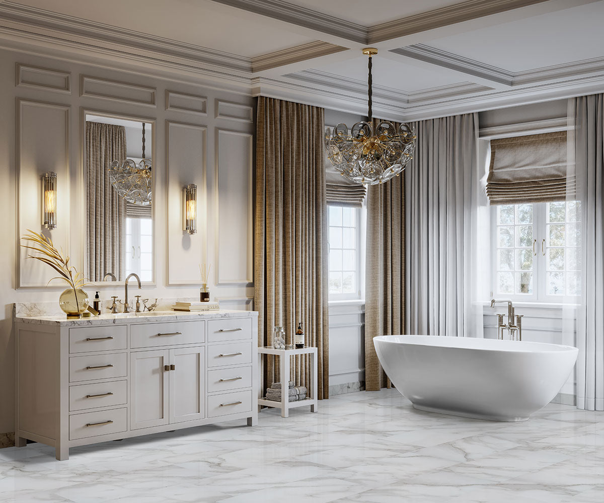 Trecento 12x24 5mm Stone-Look Rigid-Core Luxury Vinyl Tile — installed room view — color Calacatta Venosa Gold