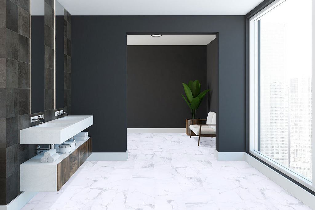 Trecento 12x24 5mm Stone-Look Rigid-Core Luxury Vinyl Tile — installed room view — color Calacatta Legend