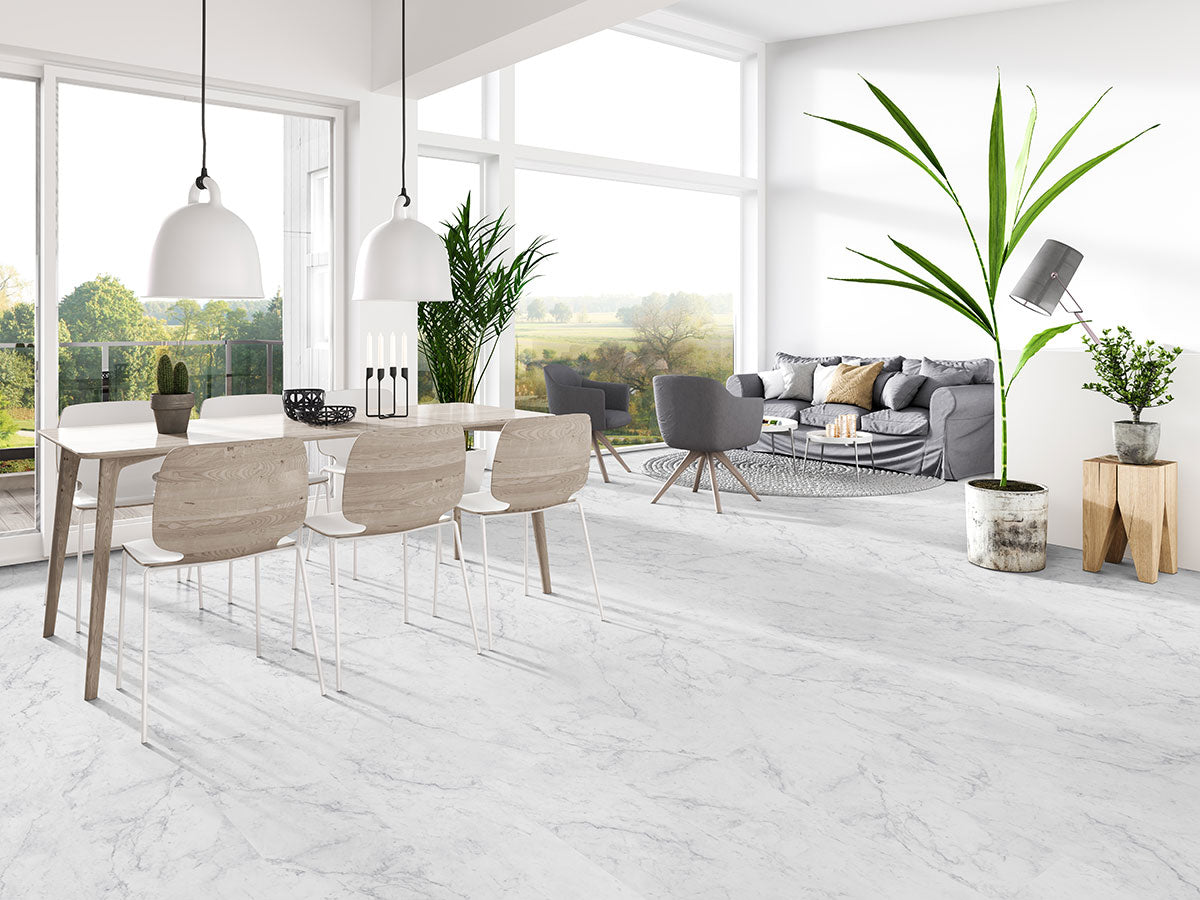 Trecento 12x24 5mm Stone-Look Rigid-Core Luxury Vinyl Tile — installed room view — color Carrara Avell
