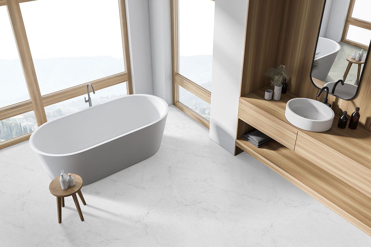 XL Trecento 18x36 Stone-Look Rigid-Core Luxury Vinyl Tile — installed room view — color Carrara Avell