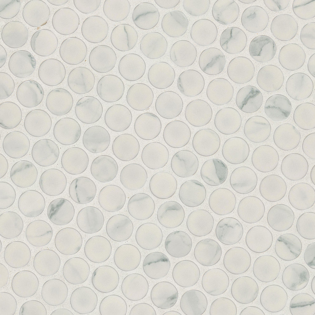 Carrara Matte Penny Round Porcelain Mosaic — isometric scale view