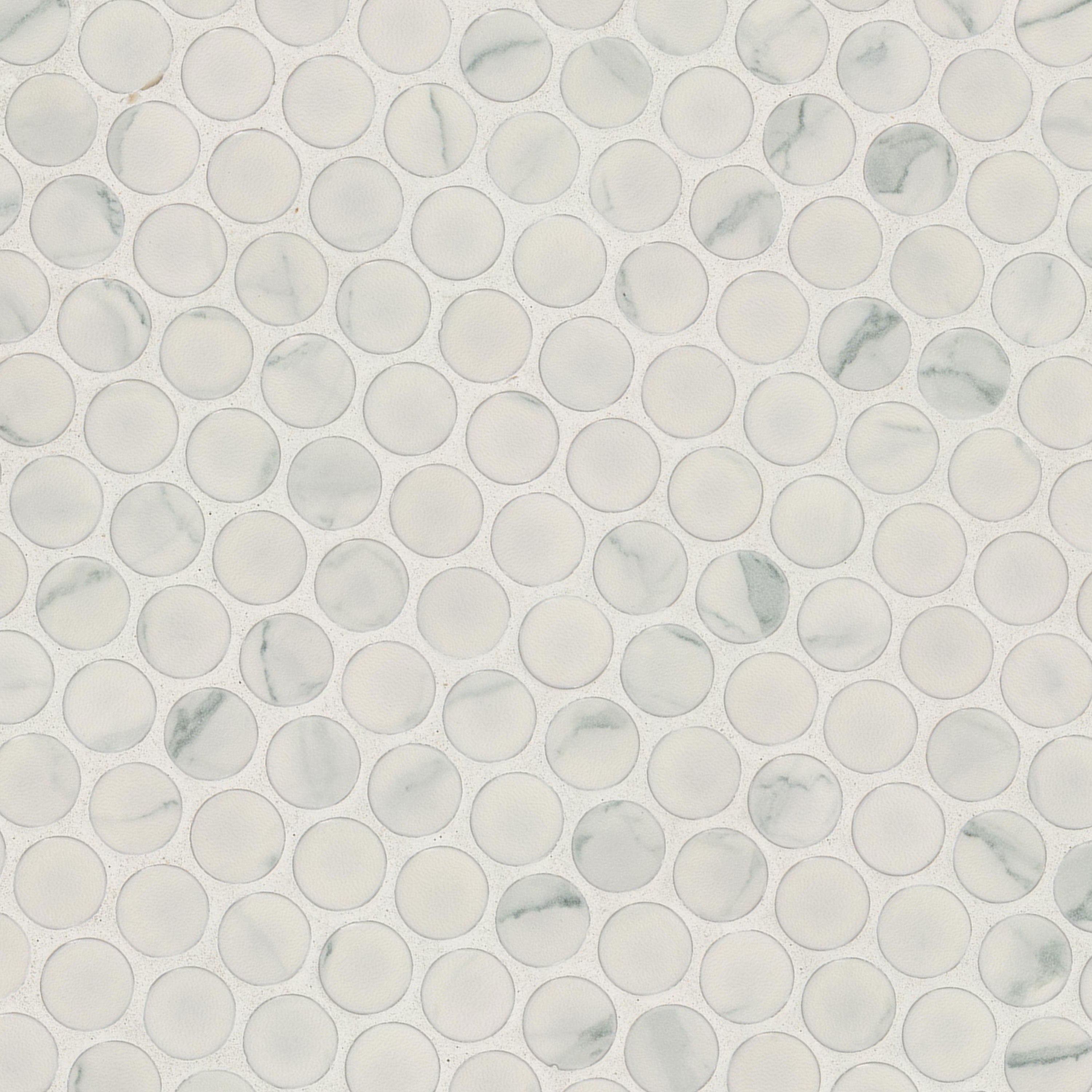 Carrara Matte Penny Round Porcelain Mosaic — isometric scale view