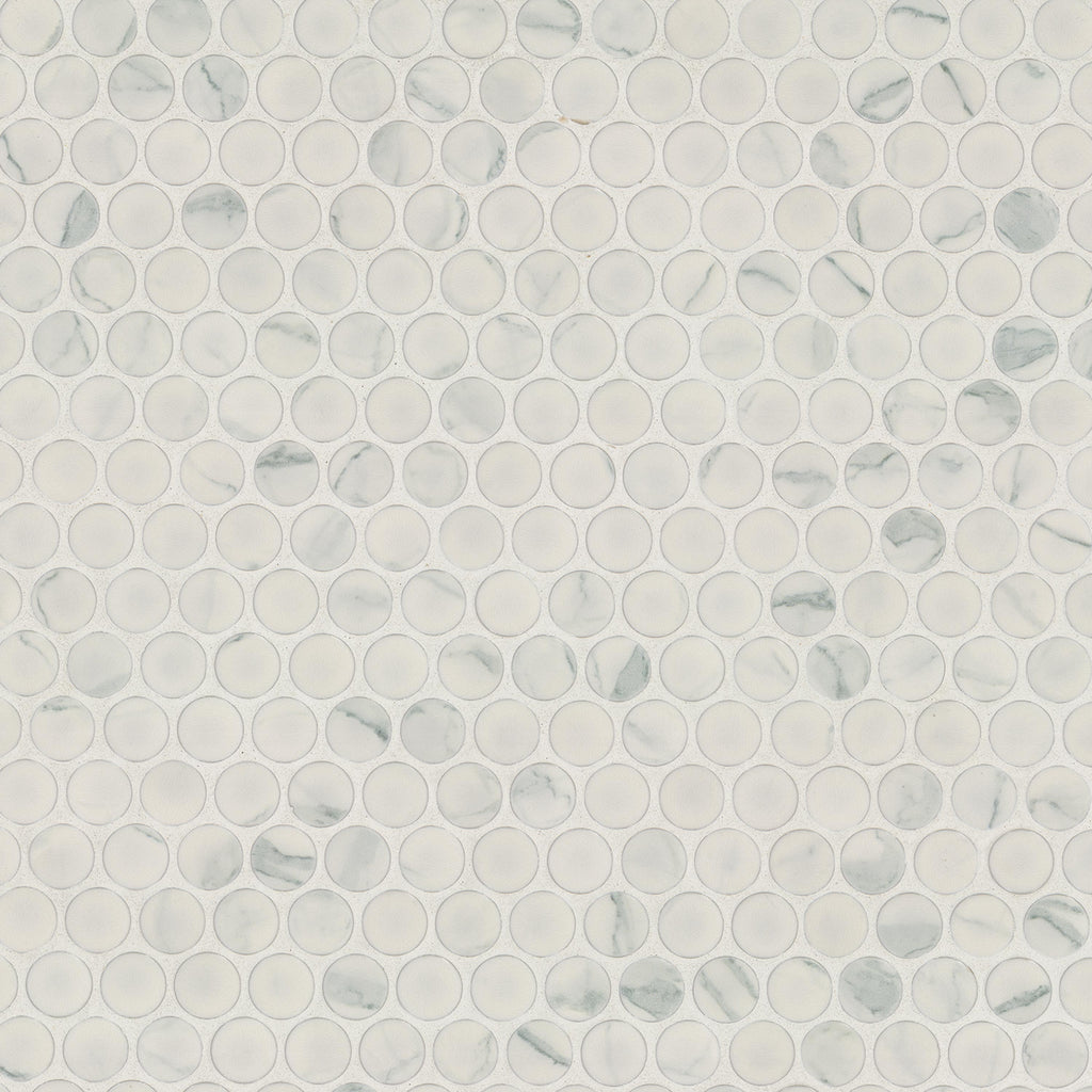 Carrara Matte Penny Round Porcelain Mosaic — clean product view — color White-cool with subtle gray veining