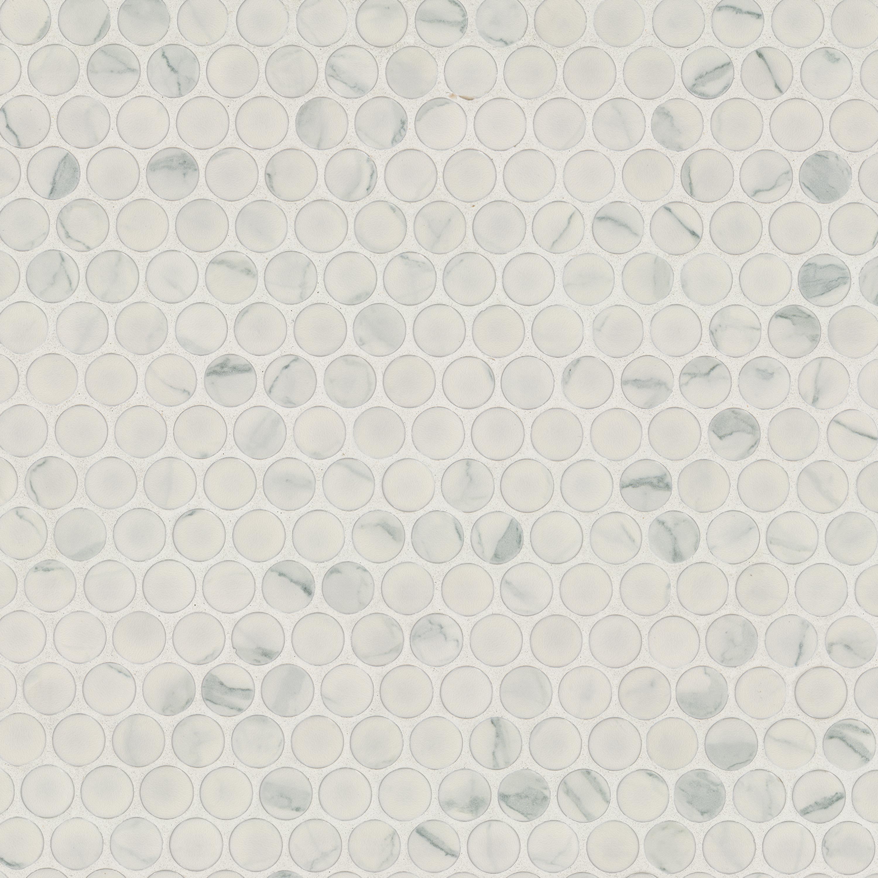 Carrara Matte Penny Round Porcelain Mosaic — clean product view — color White-cool with subtle gray veining