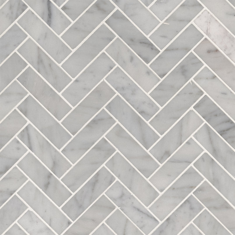Carrara White Herringbone Marble Mosaic — clean product view — color White-cool with gray veining