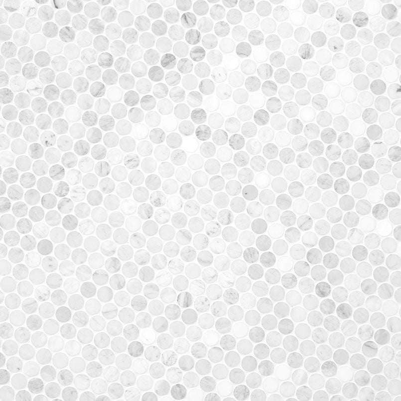 Carrara White Round Pattern Honed Marble Mosaic — isometric scale view — color White Round Pattern
