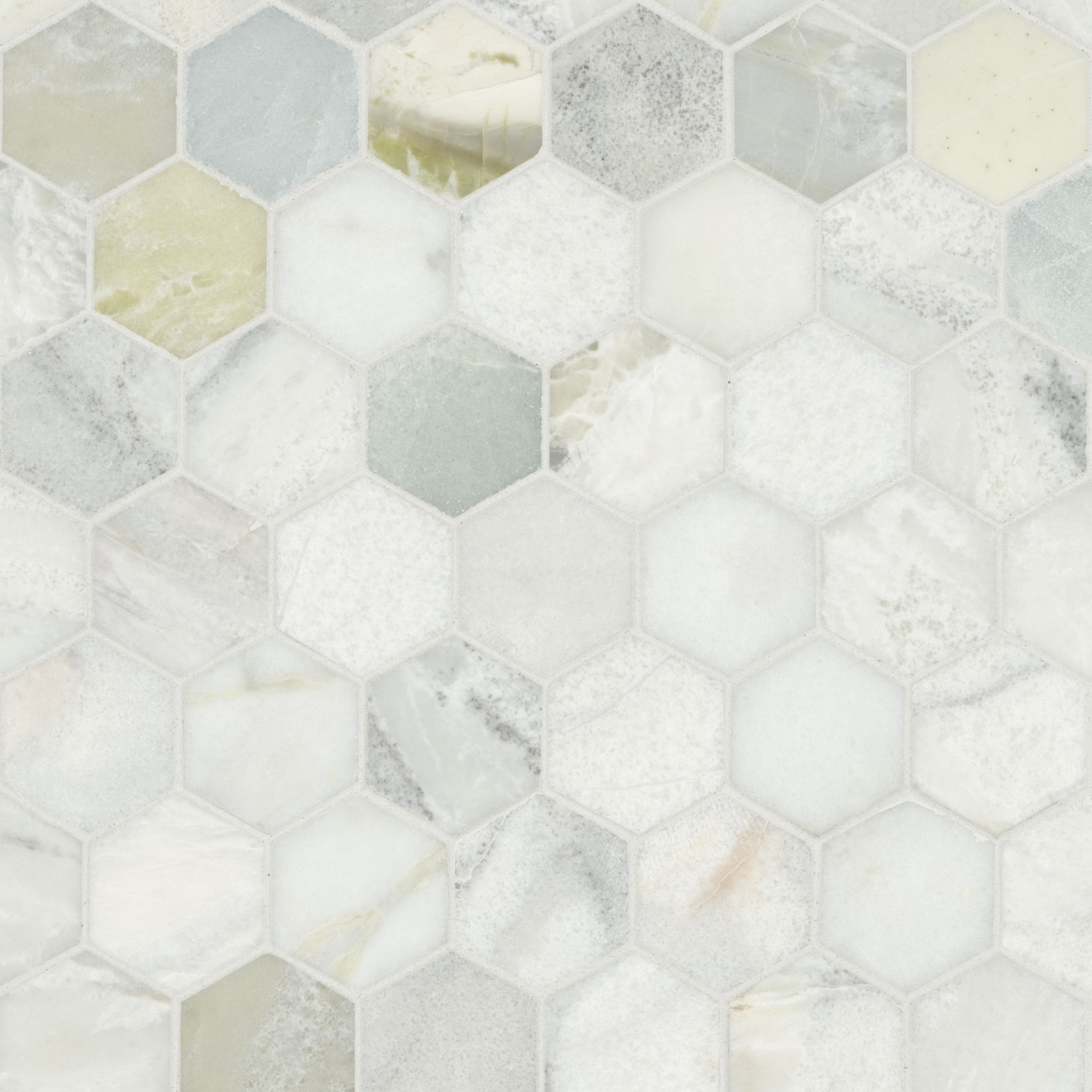 Cloudland 2-inch Hexagon Polished Marble Mosaic — clean product view — color Cool white with blue-gray veining