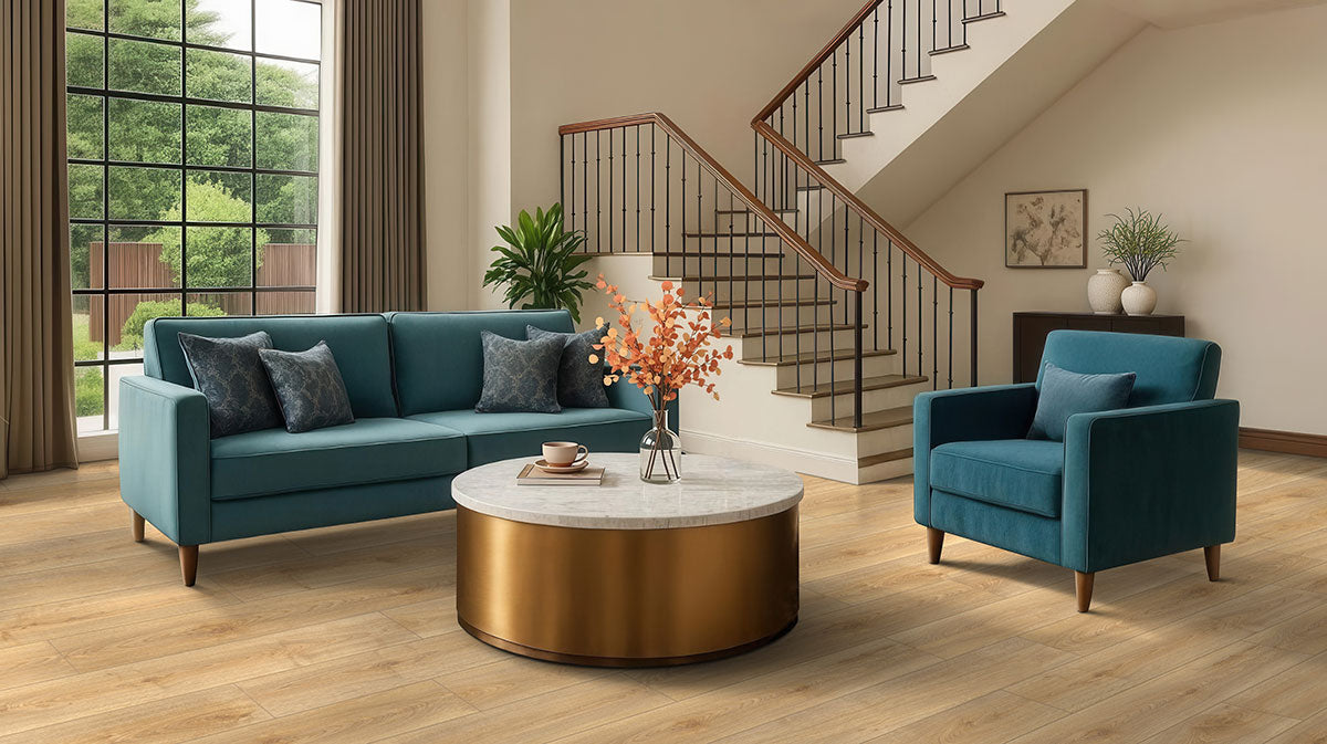 Smithcliffs Waterproof Hybrid Rigid-Core Flooring — installed room view — color Cloudland