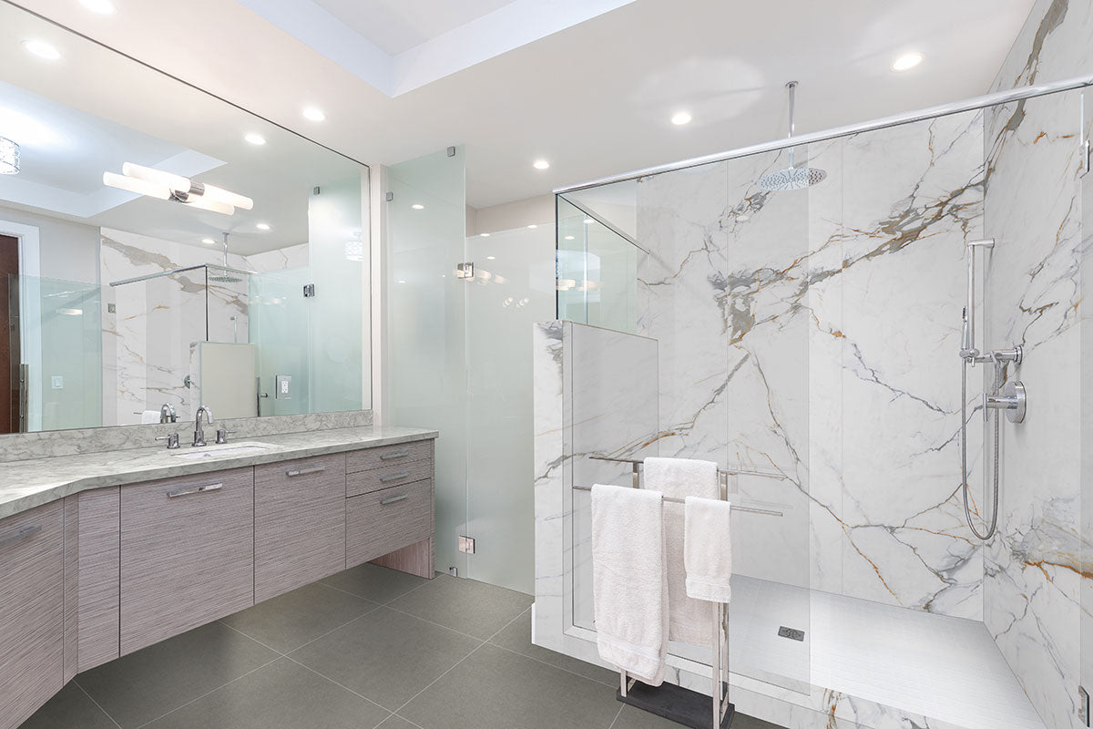 Dimensions 3x24 Matte Porcelain Bullnose — installed room view — color Concrete