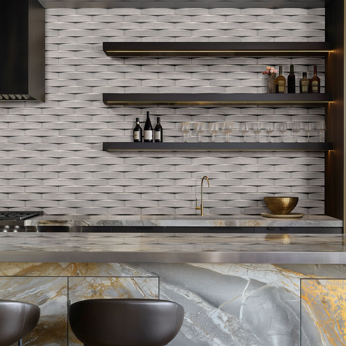 Convex 2x10 Glossy Ceramic Wall Tile — installed room view — color Ash