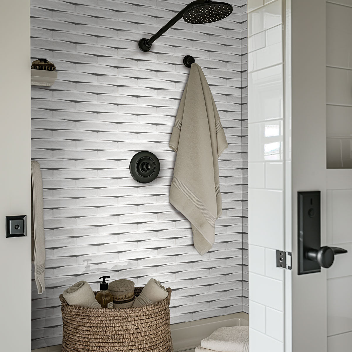 Convex 2x10 Glossy Ceramic Wall Tile — installed room view — color Calc