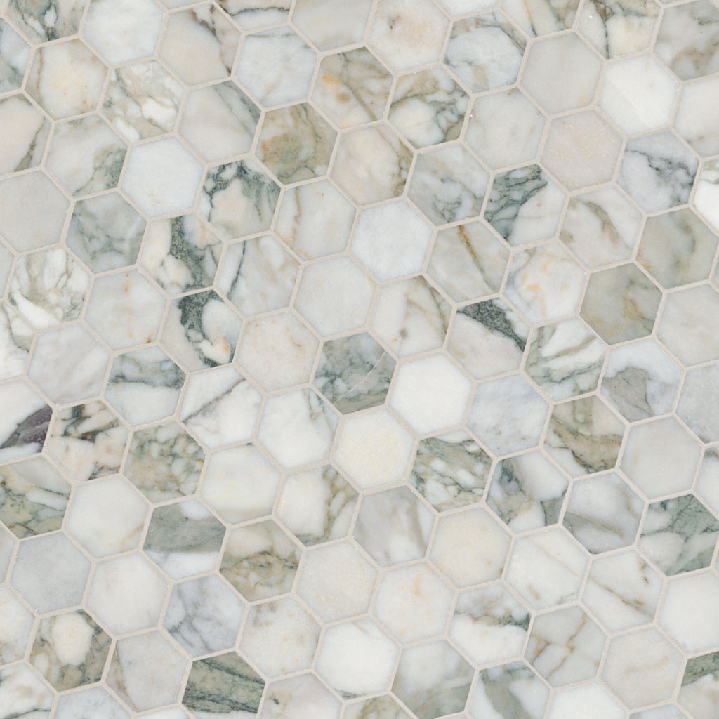 Coronado 2-inch Hexagon Honed Marble Mosaic — isometric scale view