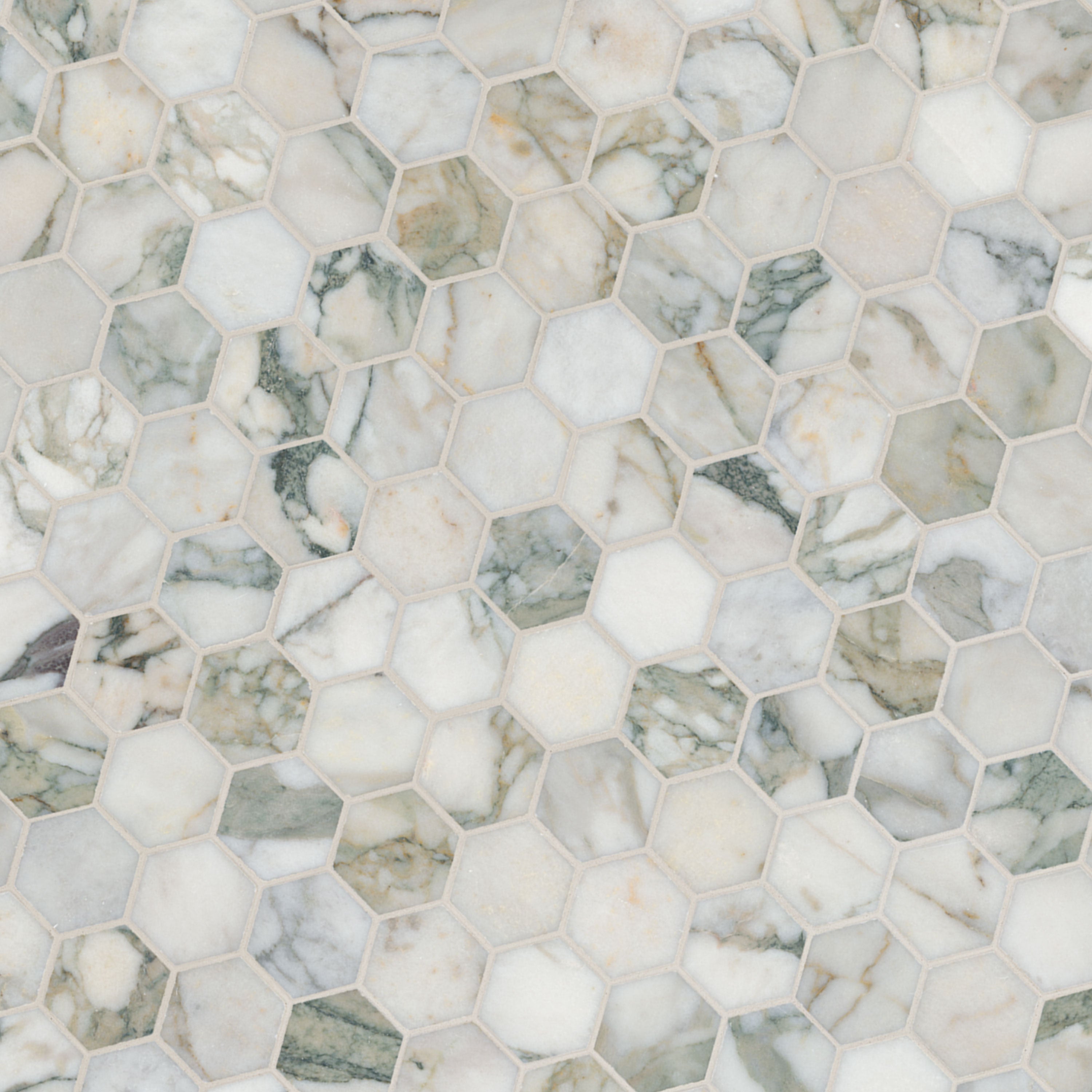 Coronado 2-inch Hexagon Honed Marble Mosaic — isometric scale view