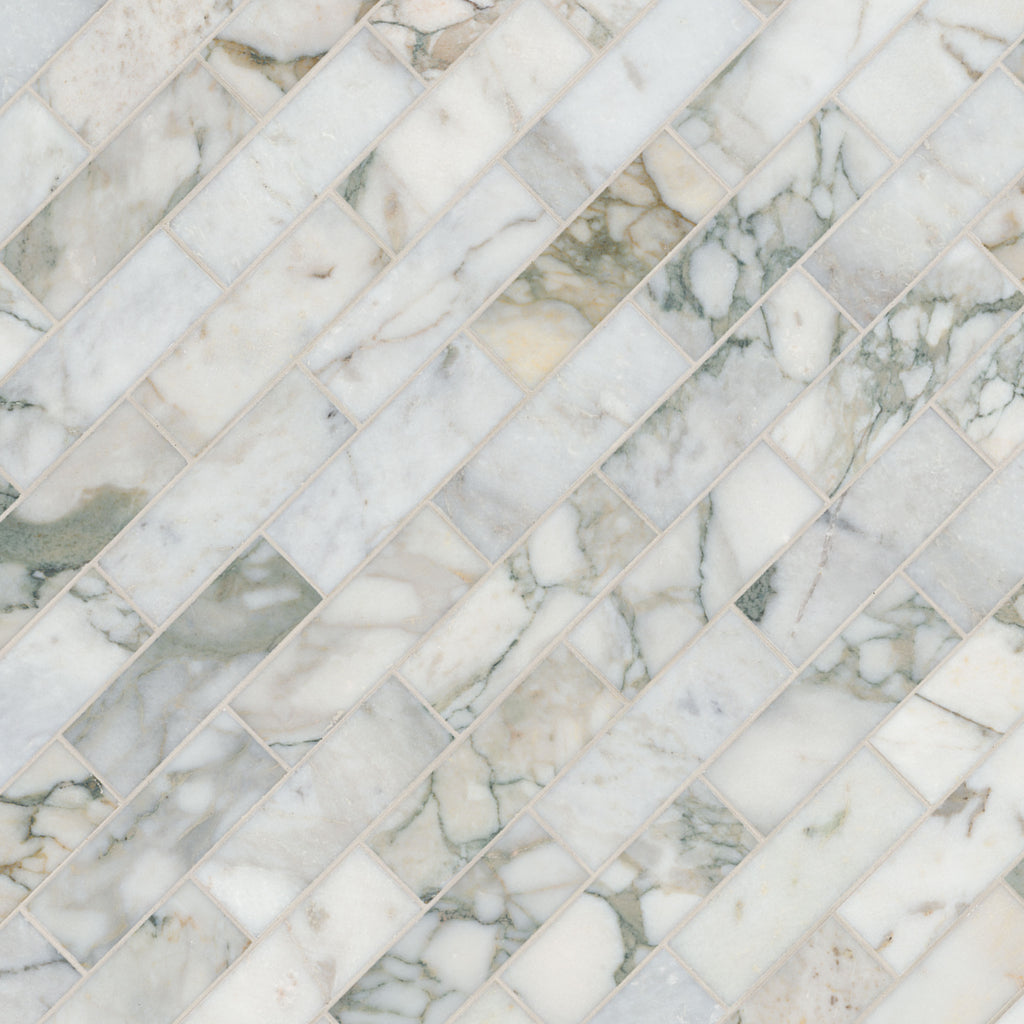 Coronado 2x6 Honed Marble Subway Mosaic — isometric scale view — color Green, gray and rust, size 2x6