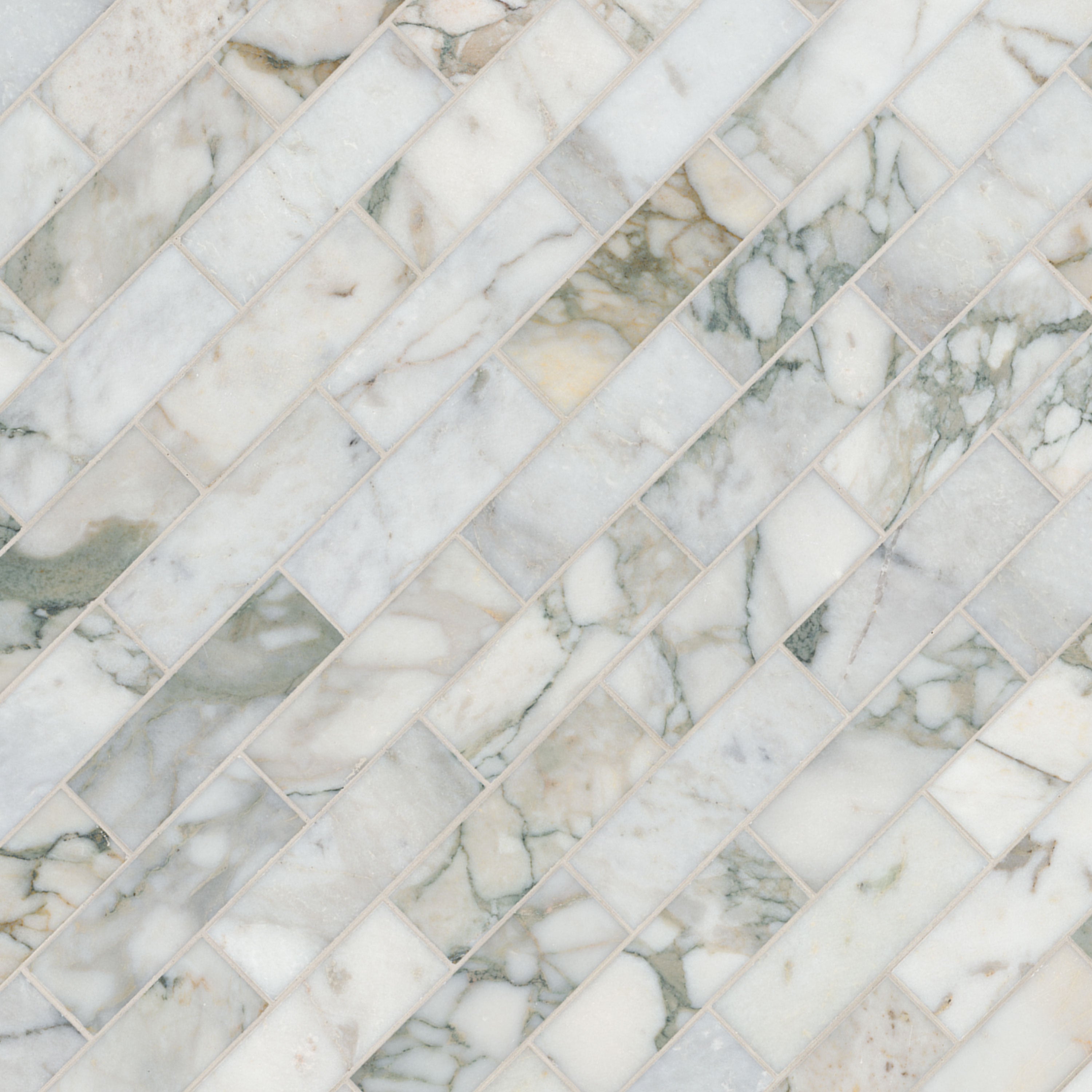 Coronado 2x6 Honed Marble Subway Mosaic — isometric scale view — color Green, gray and rust, size 2x6