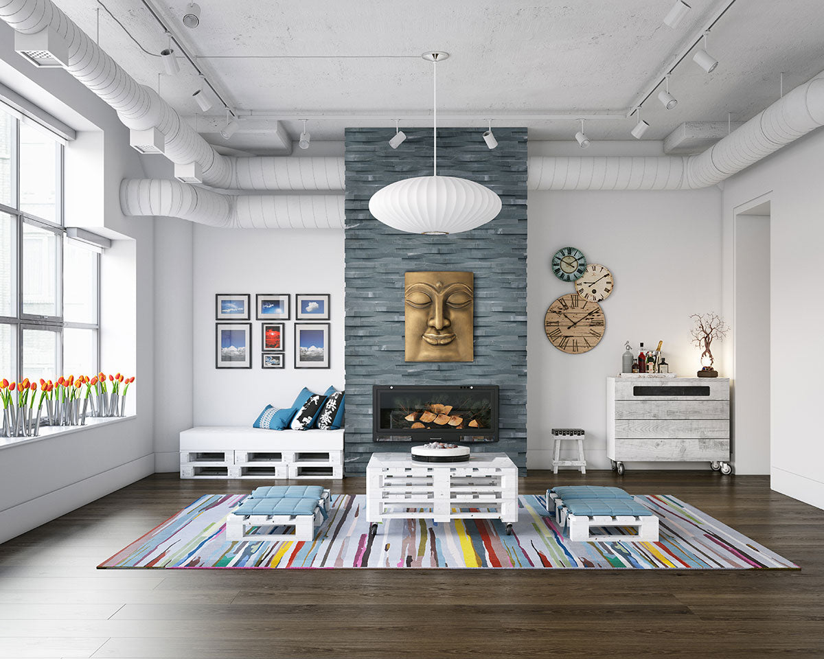 Rockmount 3D Natural-Stone Corner — installed room view — color Cosmic Black Wave