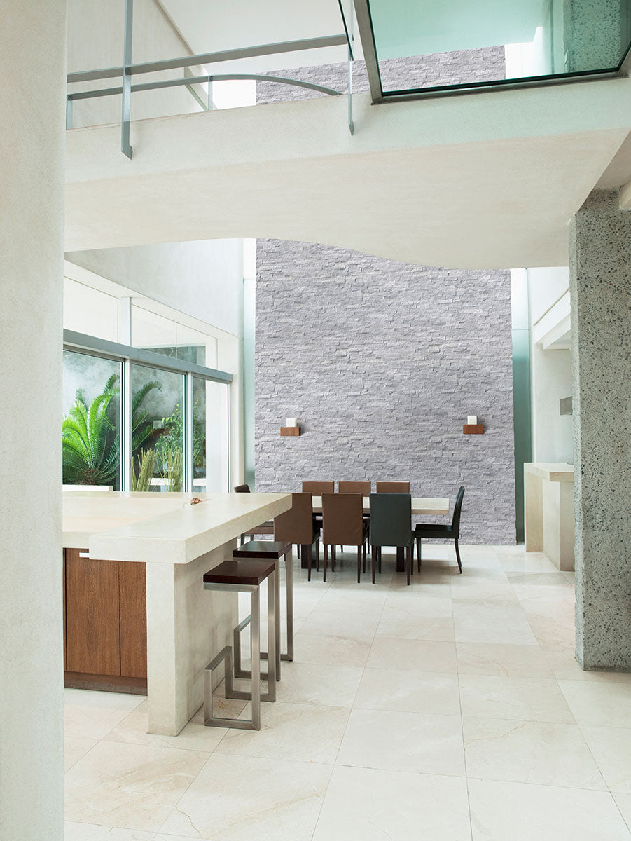 Rockmount Natural-Stone Stacked Stone Corner — installed room view — color Cosmic Gray Split Face