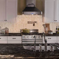 Crema Herringbone Arched Pattern Polished Marble Mosaic — installed room view — color Cream, taupe and beige with subtle brown-rust veins