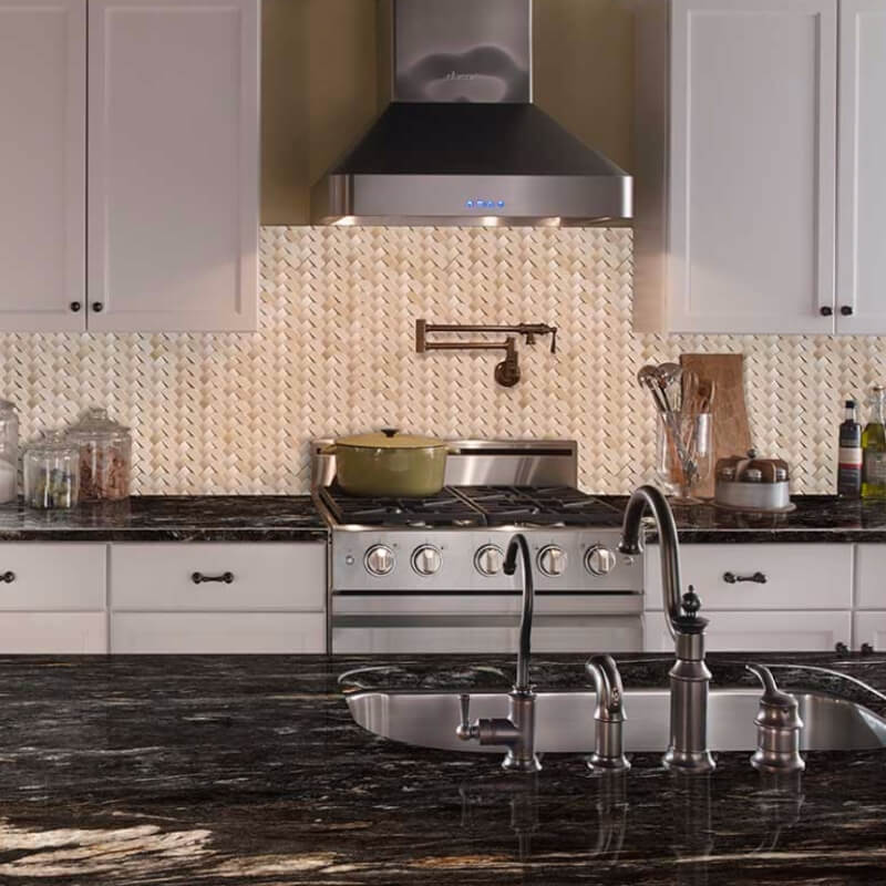 Crema Herringbone Arched Pattern Polished Marble Mosaic — installed room view — color Cream, taupe and beige with subtle brown-rust veins