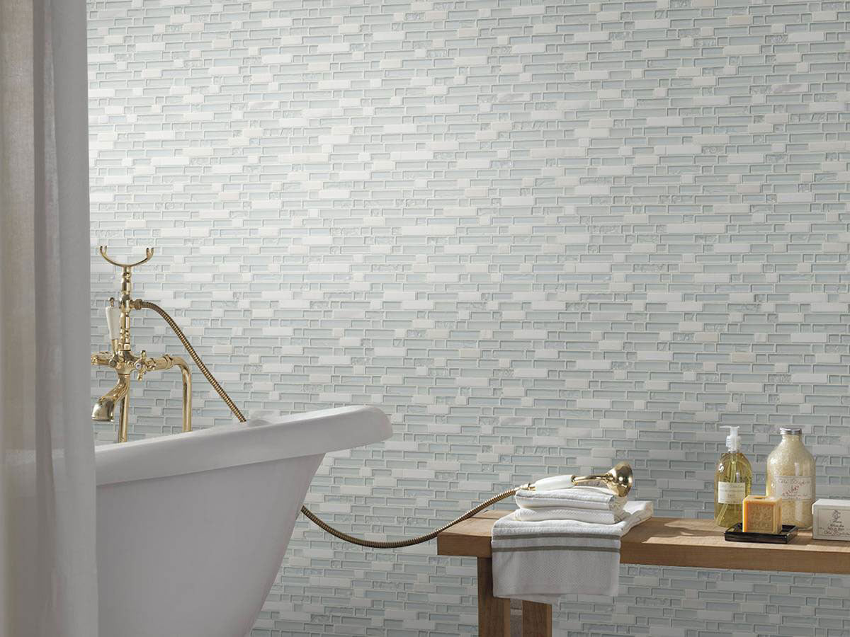 Delano Blanco 6mm Stone and Glass Blend Mosaic — installed room view — color Blanco