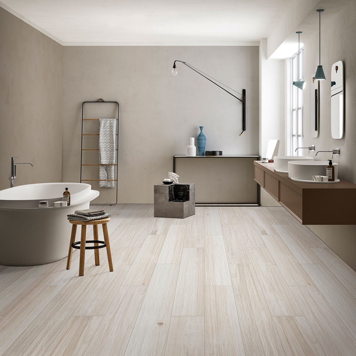 Havenwood 8x36 Matte Wood-Look Porcelain Tile — installed room view — color Dove