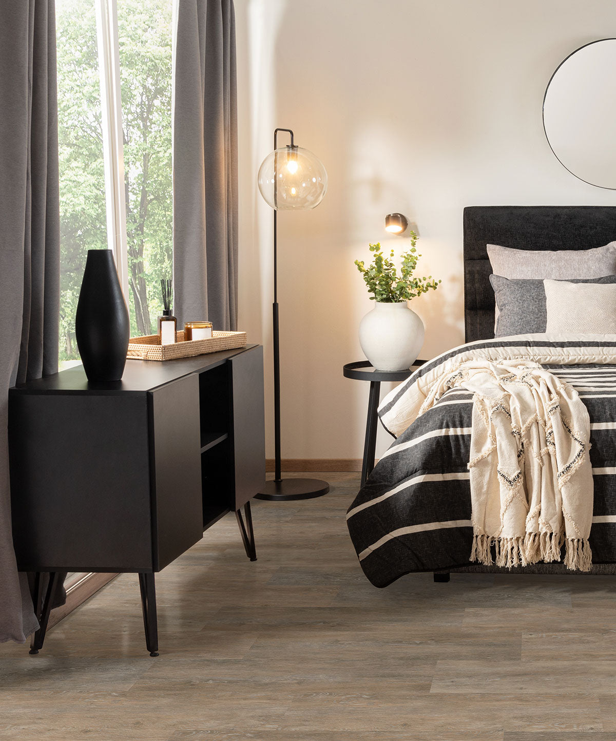 Cyrus 2.0 7x48 5mm 20mil Waterproof Rigid Core Luxury Vinyl Plank — installed room view — color Dulles Tails