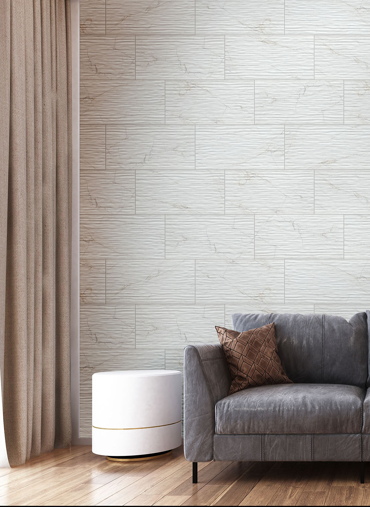 Dymo 12x24 Glossy Ceramic Wall Tile — installed room view — color Calacatta Stripe White