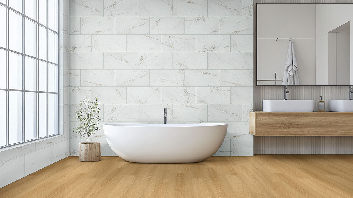 Dymo 12x24 Glossy Ceramic Wall Tile — installed room view — color Calacatta White