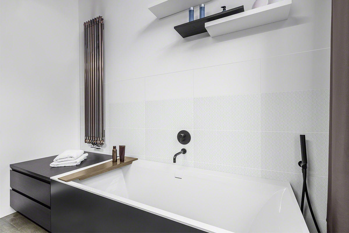 Dymo 12x24 Glossy Ceramic Wall Tile — installed room view — color C White
